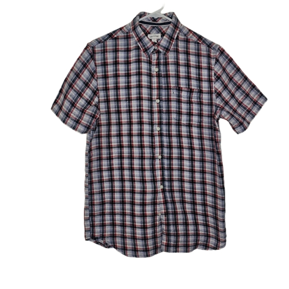 Sun + Stone Mens Red-Blue Plaid Short Sleeve Button down Shirt Size Small
